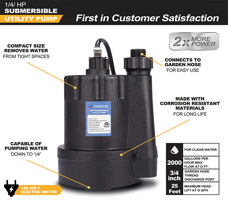 20116 1 / 4HP tragbare Tauchpumpe Sumpfpumpe High Flow 2000 GPH für schnelle Wasserentfernung Haushaltsentwässerungspumpe für Zuhause